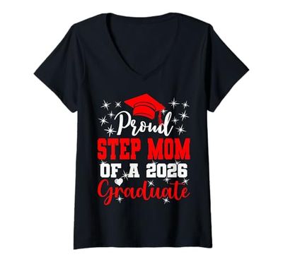 Womens Super Proud Step Mom of 2026 Graduate Graduation Family V-Neck T-Shirt