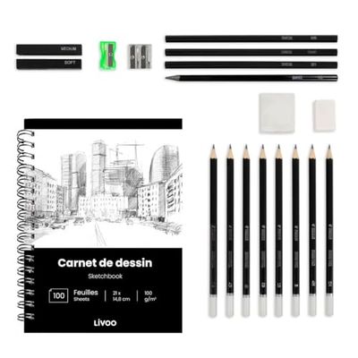 Livoo - Kit de dibujo 19 accesorios LOI002-12 lápices sombreados, 6 herramientas de boceto, 1 cuaderno