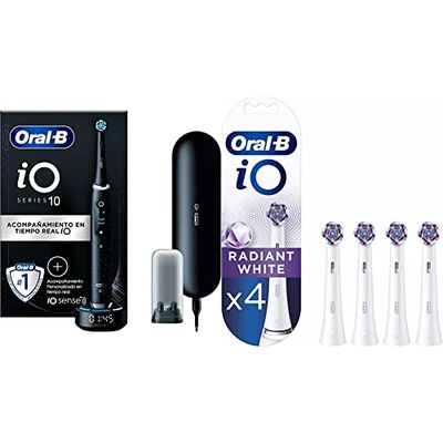 Oral-B iO10 Cepillo de Dientes Eléctrico con Mango Recargable - Negro & iO Radiant White Recambios para Cepillo de Dientes Eléctrico, Pack de 4 Cabezales, Blanco - Originales