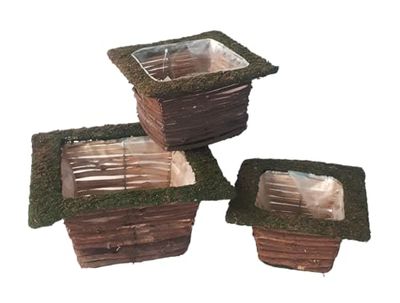 Comarco Sa Set 3 cestini quadrati in rattan con bordo muschio naturale - P 17x17x9 cm - M 19x19x11 cm - G 24x24x12 cm