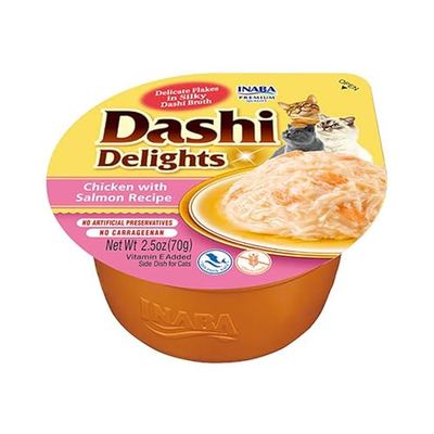 INABA Dashi Delights - Trozos en un Caldo de Escamas de Salmón y Bonito - Topping - Alto Contenido en proteínas - Ingredientes Naturales - Delicioso y Saludable - 1 x 70g