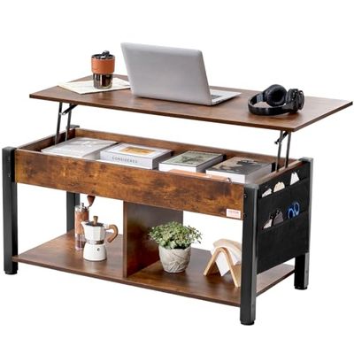 VEVOR Mesa de Café Elevable, 1060 x 500 x 488 mm, Mesa de Café Rectangular para Salón con Bolsillos de Almacenamiento Adicionales, Capacidad de 50 kg, Mesa de Centro Desplegable para Salón, Marrón