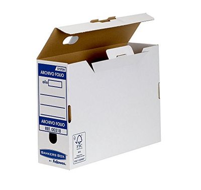 Bankers Box 0031802 - Caja de Archivo Definitivo System Lomo 100 mm, Folio, Montaje Automático, Color Blanco y Azul, 10 unidades