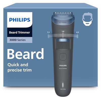 Philips Beard Trimmer 3000 Series - Self-Sharpening Blades with Round Tips, 20 Lock-in Settings, Lift&Trim Comb, 100% Waterproof, Battery Indicator, USB Charging, Soft Pouch, Model BT3619/15