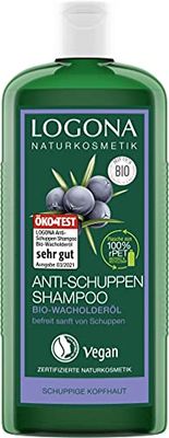 LOGONA Naturkosmetik anti-mjällschampo för naturligt friskt hår, lämplig för fjällig hårbotten, hårschampo med vegansk formel av ekologisk enbärsolja, 1 x 250 ml