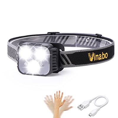 Vinabo Linterna Frontal Recargable, Sensor de Movimiento de Linterna Frontal LED Ultra Potente, 6 Modos de Luz,IPX4 Impermeable Ajustable y Liviana para Pesca, Camping, Senderismo, Ciclismo, Correr