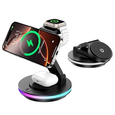 Mag Safe oplader, 3-in-1 laadstation voor Apple Watch en iPhone, opvouwbaar, draaibaar met lichtinstelling, draadloze oplader, Mag Safe, oplaadstandaard voor iPhone 15/14/13, AirPods (zonder adapter),