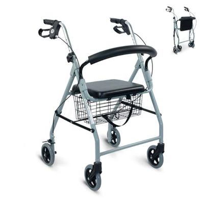 Mobiclinic®, Déambulateur pliable, Rollator, Hauteur réglable, Freins à main, Siège et dossier, Fabriqué en aluminium, Léger résistant, Marque européenne, Mod. alhambra, Gris