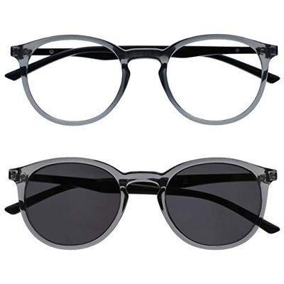OPULIZE Met Twin Pack Reading Glasses With Reading Sunglasses Large Round Grey Black Mens Womens Spring Hinges RS60-7 +2.00