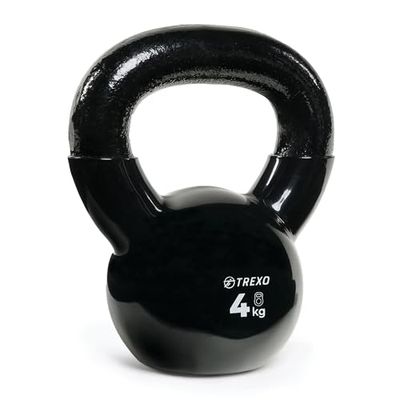 TREXO Kettlebel 4 kg gietijzer met vinylcoating voor veelzijdige oefeningen thuis en gym dumbbell professionele zwarte bal halter VKB04