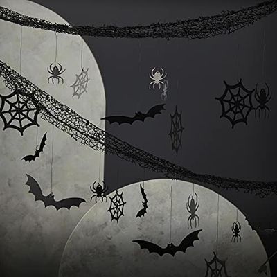 Ginger Ray Halloween Backdrop with Hanging Spiders, Bats and Cobwebs