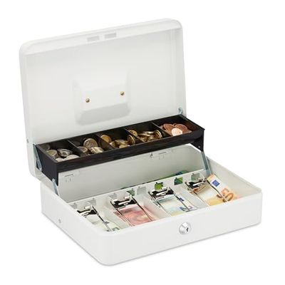 Relaxdays Caja de Dinero Llaves, 5 Compartimentos de Monedas y 4 de Billetes, Hierro, 8,5x30,5x24,5 cm, Blanco