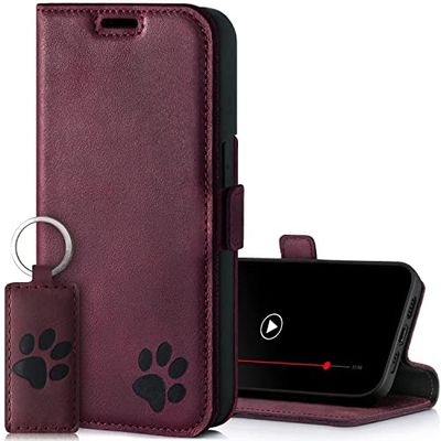 SURAZO Premium 2.0 mobiltelefonfodral för Apple iPhone 14 Pro – äkta läder, skyddsfodral med tasmotiv – RFID-vikbart fodral [magnet, stativfunktion, kortfack] flip skydd läderskal (vinröd)