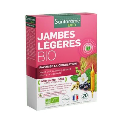 Santarome Bio - Jambes Légères | Complément Alimentaire Circulation | Jambes Lourdes, Enflées ou Douloureuses - A base de plantes - Vigne Rouge, Noisetier | 20 Ampoules | Made In France |Végan