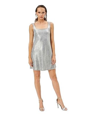 Koton Women U Neck Strappy Metallic Mini Party Dress, 038 (silver), L