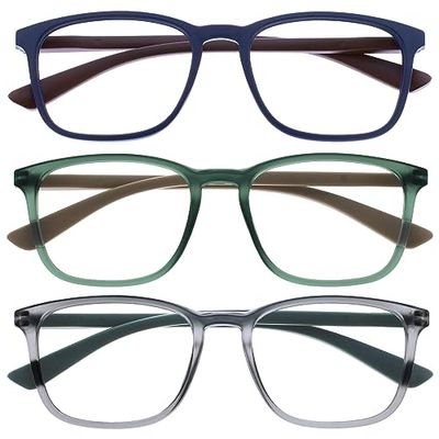 OPULIZE Max Occhiali da Lettura - Confezione da 3 - Montatura Classica Rettangolare Grande - Blu Opaco Verde Grigio - Uomo Donna Unisex - RRR78-367 - +2.50
