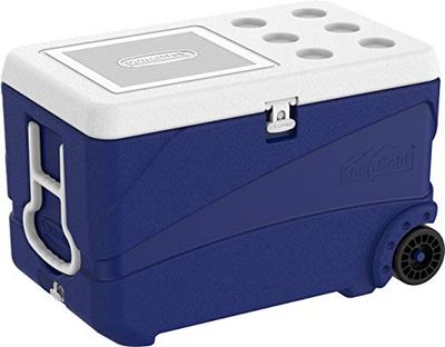 Duramax Deluxe Icebox 80 High performance cool box with PU Insulation, Icebox with ergonomic handles and wheels for easy mobility & handling, Cup holders on lid, Cooler box, Blue