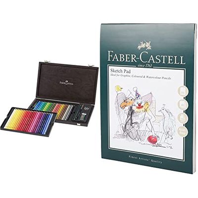 Faber-Castell 117506 Matite colorate Aquerellabili per artisti Albrecht Dürer, valigetta in legno da 48 & Blocco da disegno A&G A4, Bianco