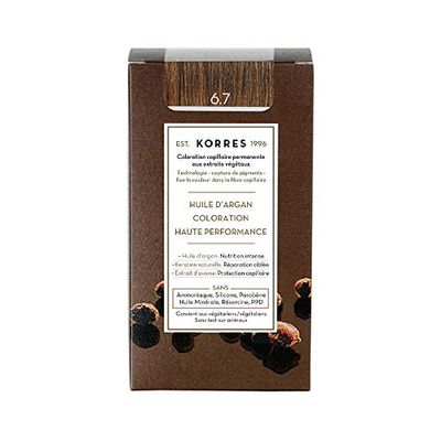 KORRES Coloración de aceite de argán sin amoniaco Cocoa 6.7 con aceite de argán orgánico, cobertura 100% de canas y vegano para un resultado de color duradero