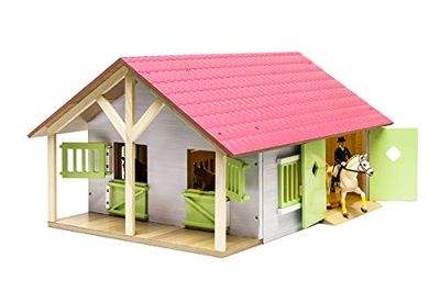 Kids Globe Farming 610168 Estábulo para cavalos (madeira, 1:24, com 2 caixas, com teto prático dobrável, para todos os tipos de figuras de animais)