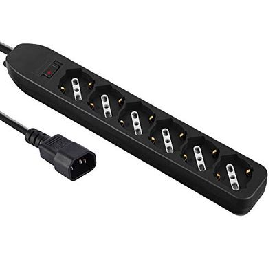 Electraline 62067 Regleta para UPS con 6 enchufes bivalentes 10/16 A con interruptor de seguridad, enchufe entrada tipo VDE C14, cable 1,5 m, negro