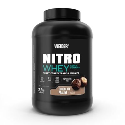 Weider Nitro Whey Super Formula (2,2kg) Goût Chocolat Praliné. 22g/dose Concentré et Isolat de Protéines de Lactosérum + 4,7g BCAA/dose, L-Glutamine et Vitamine B6, Sans Sucres Ajoutés, Sans Aspartame