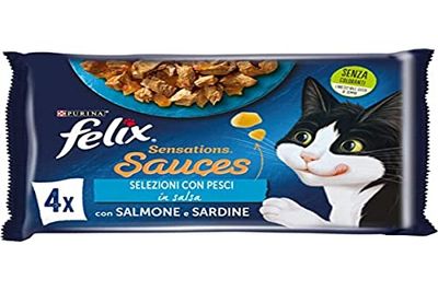 Purina Felix Sensations Sauces Natvoer voor katten met zalm en garnalen, met sardines en wortelen, 48 zakjes à 85 g