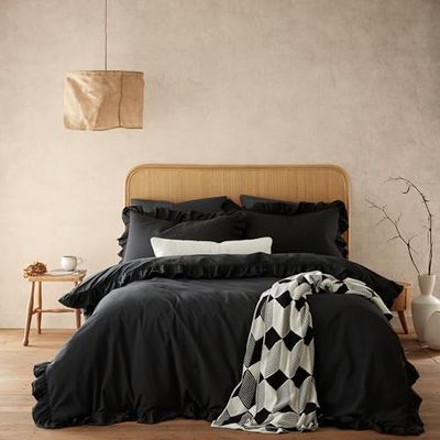 Style Sisters Ruffle Frill Washed 200 Thread Count Cotton Double Duvet Cover Set with Pillowcases Black