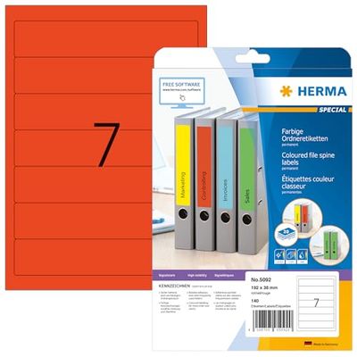 HERMA Self Adhesive Spine Labels, 7 Labels per A4 Sheet, 20 Sheets, 192 x 38 mm, 140 Labels, Blank Lever Arch File Folder Labels Stickers, Sticky Labels for Laser & Inkjet Printer, Red