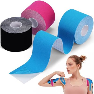 Oamwrae 3 Rollen Kinesiologische Tape, 5m x 5cm Kinesiotape, Elastisch en Ademend Sports tape voor Knie, Spieren en Oefeningen (Blauw, Roze, Zwart)