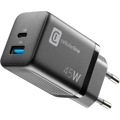 Cellularline | Caricabatterie da Rete Multipower Micro | Super Fast Charger 45W con 2 Porte USB-C - Dotato di Tecnologia Gan - Compatibile con Smartphone, iPhone, Tablet, iPad, Laptop e MacBook