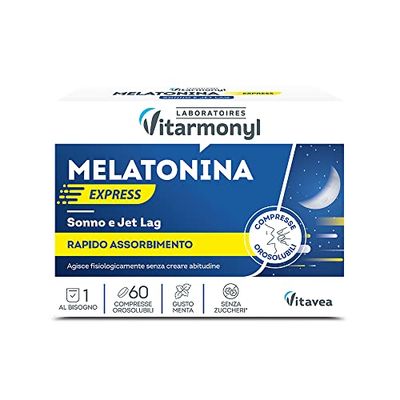 Melatonina Express - Integratore alimentare per il Sonno e il Jet Lag - Melatonina per Dormire - Gusto Menta - Senza Zuccheri - Confezione da 60 compresse orosolubili - Vitarmonyl