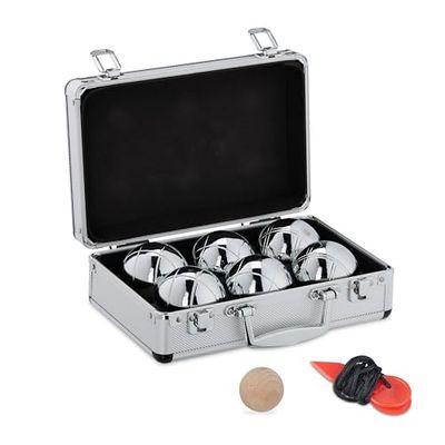 Relaxdays Set di Bocce da Gioco, 6 Sfere in Acciaio D: 72 mm, Boccino, Misuratore Distanza, Custodia Rigida, Argentato