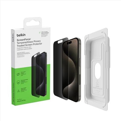 Belkin ScreenForce TemperedGlass antimicrobiële Privacy-screenprotector voor iPhone 15 Pro - dun, kraswerend -met Easy Align-bevestigingsframe voor makkelijk luchtbelvrij aanbrengen