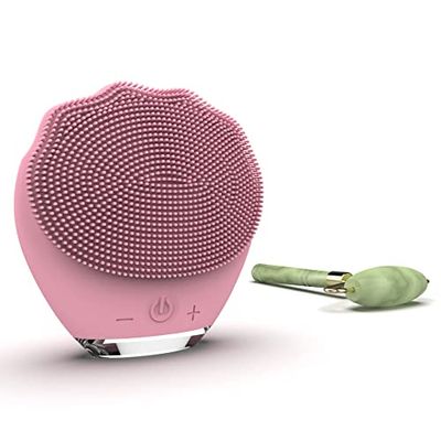 WottoCare Nettoyant Facial et Masseur en Silicone Rechargeable avec Rouleau de Jade Naturel et Pochette de Transport - Nettoyage Intelligent pour Tous Types de Peaux - Masseur Anti-Âge - Rose