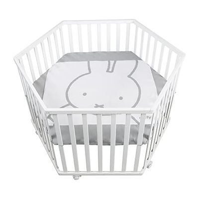 roba Parque Infantil Hexagonal miffy + Colchoneta con Motivo de Conejito y Ruedas con Freno - Base Ajustable en Altura - Madera Blanca
