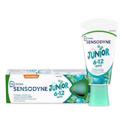 Sensodyne Pro-émail Junior, Dentifrice pour Enfants de 6 à 12 ans, Aide à Prévenir les Caries et Renforce l'Émail, Dents Sensibles, Menthe Douce, 50ml