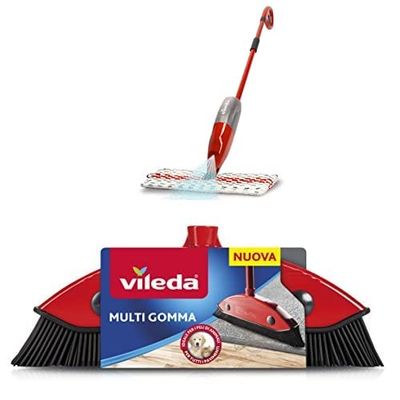 Kit Pet Vileda - 1-2 Spray Max Sistema lavapavimenti con erogatore spray e Panno in Microfibra riutilizzabile + Vileda Scopa Multi Gomma, Adatta per Peli d'Animale e Capelli, Kit per animali domestici