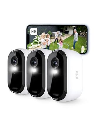 Arlo Essential 2 Telecamera WiFi Esterno Senza Fili, HD, Telecamera WiFi Interno, Sirena Allarme Casa, Sensore Di Movimento, Visione Notturna A Colori, Prova Inclusa Arlo Secure, 3 Telecamere, Bianche