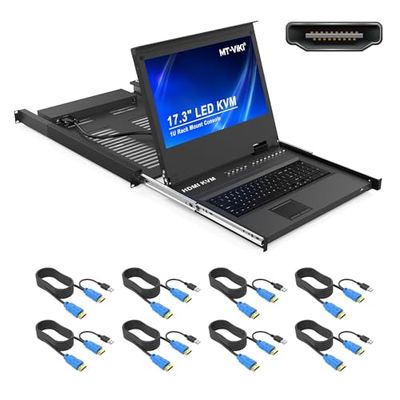 MT-VIKI Rackmount KVM Switch Console HDMI con monitor de 17 pulgadas 8 puertos KVM consola con pantalla LCD de 17 pulgadas Touchpad Teclado Rieles Hotkey OSD DVI Cable