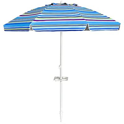 FANTASK Parasol de plage de 200 cm, UPF 50+, pliable à 30 °C, avec porte-gobelet, parasol de jardin, résistant au vent, stable, protection solaire avec piquet de terre, bleu clair, 200 cm