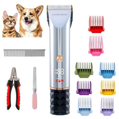 BarberBoss Professional Dog Grooming Kit, Dog Clippers, Cordless Low Noise Clippers for Thick Fur, Ceramic Blades, 8 Guide Combs, Rechargeable with USB Charging, LED Display