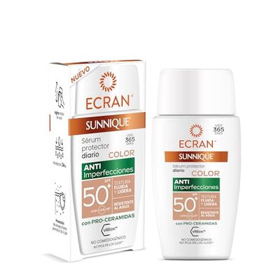 ECRAN Sunnique Anti-Imperfection Serum SPF50+ - Solskydd och Ansiktsvård - Färgskyddande ansiktsserum - Jämnar ut toner och korrigerar rodnad - Lätt konsistens - Vattentät - 40 ml