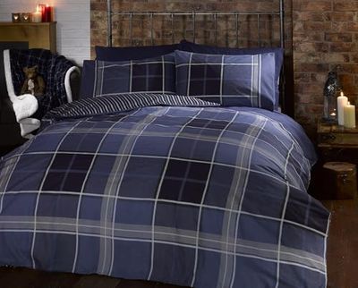 Conjunto de cama reversível Argyle com capa de edredão e fronha de almofada para cama de solteiro, design de quadros escoceses, cor azul
