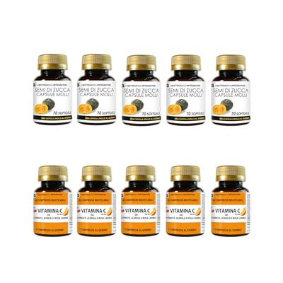 Semi di Zucca 350 Softgels con Olio Spremuto ricco in Omega 3, 6, 9 + Vitamina C da Ascorbato Acerola e Rosa Canina 300 Compresse Masticabili