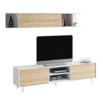 Móveis de sala de estar, sala de jantar, módulo TV prateleira, modelo Zaiken Plus, cor branco brilho e carvalho canadense, medidas: 180 cm (largura) x 51 (altura) x 41 cm (fundo)
