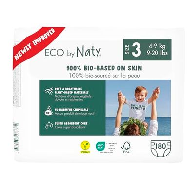 ECO by Naty Couches Ecologiques pour Bébé - Couches écologiques à base de plantes, parfaites pour la peau sensible de bébé et qui empêchent les fuites (Taille 3 - 180 couches) - Pack 1 mois