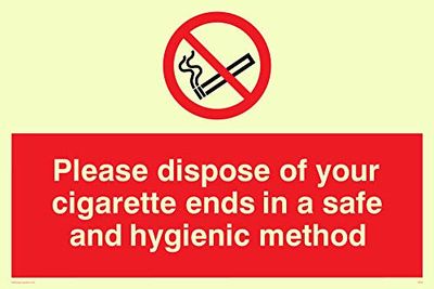 Viking Signs PS19-A4L-PV "Please Dispose Of Your Cigarette Ends In A Safe And Hygienic Method" Sign, Sticker, Photoluminescent, 200 mm H x 300 mm W