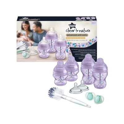 Tommee Tippee Closer to Nature babyflaskor startset, naturligt formad drickspenen med anti-kolik ventil, olika storlekar, rosa