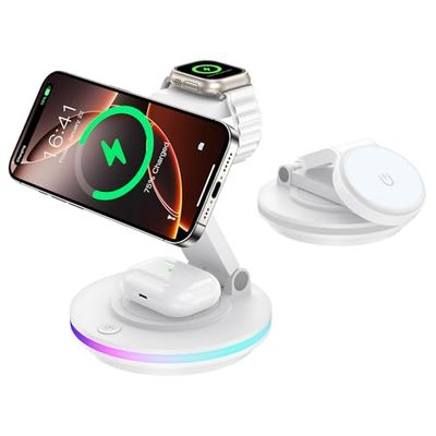 Mag Safe oplader, 3-in-1 laadstation voor Apple Watch en iPhone, opvouwbaar, draaibaar met lichtinstelling, draadloze oplader, Mag Safe, oplaadstandaard voor iPhone 16/15/14, AirPods (zonder adapter),